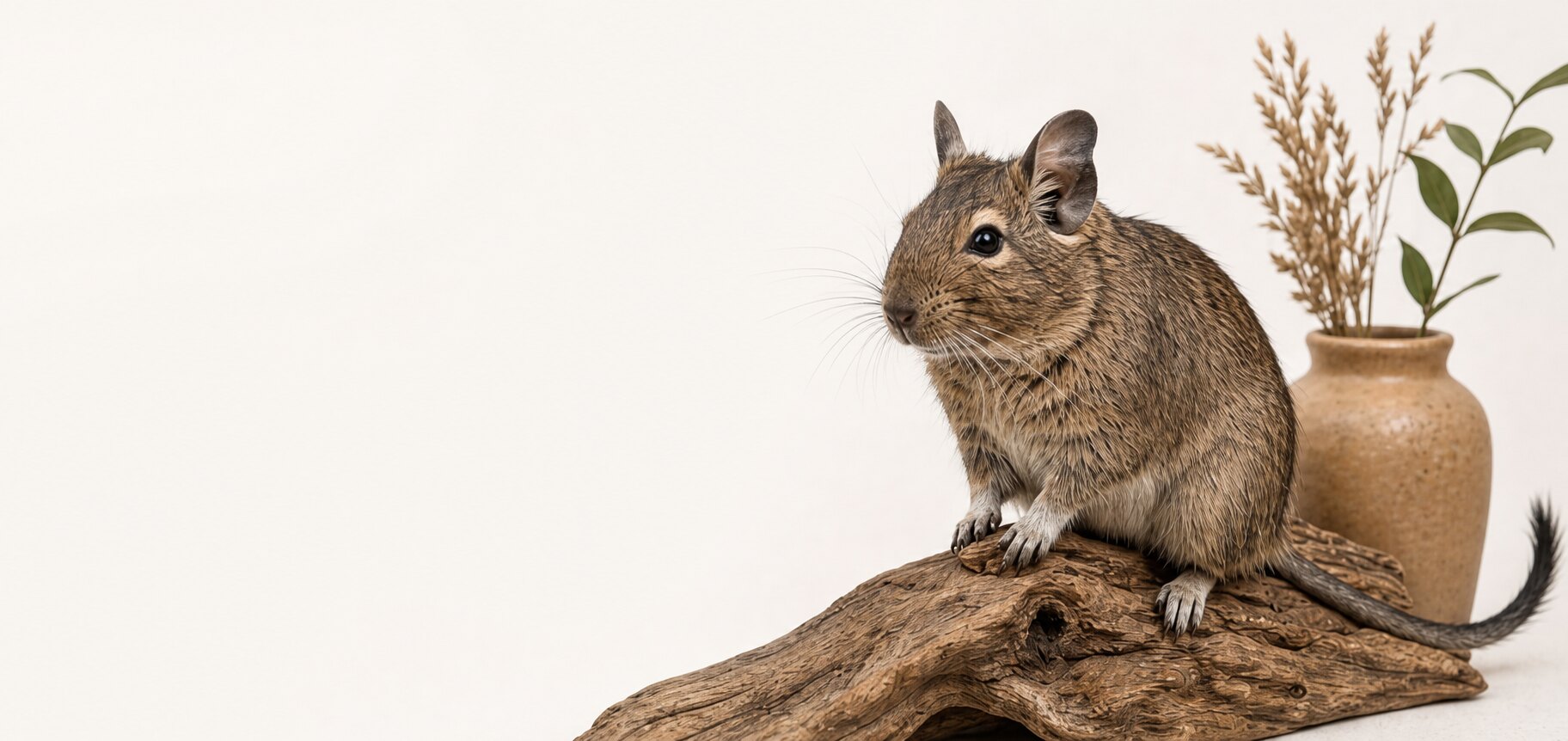A curious degu perched on natural wood